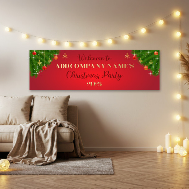 Personalised Party Banner For Christmas Party Red Gold Baubles