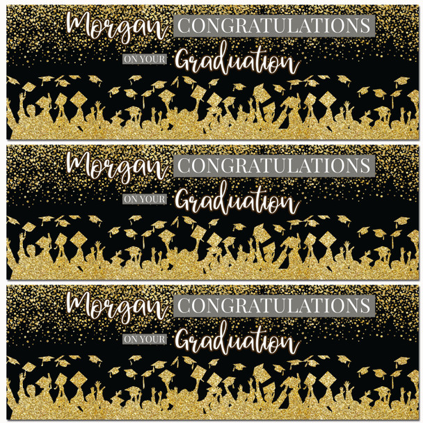 Personalised Party Banner For Graduation Gold Glitter Hats