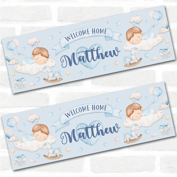 Personalised Party Banner For New Baby Boy Welcome Home Sleeping Baby Blue