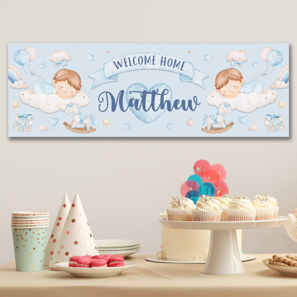 Personalised Party Banner For New Baby Boy Welcome Home Sleeping Baby Blue