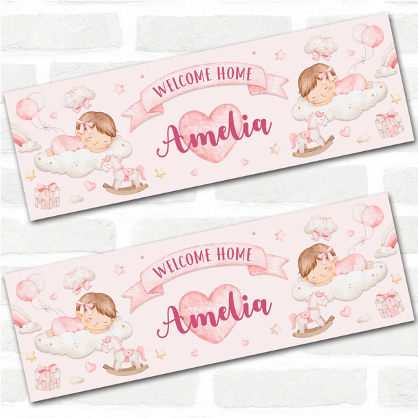 Personalised Party Banner For New Baby Girl Welcome Home Sleeping Baby Pink
