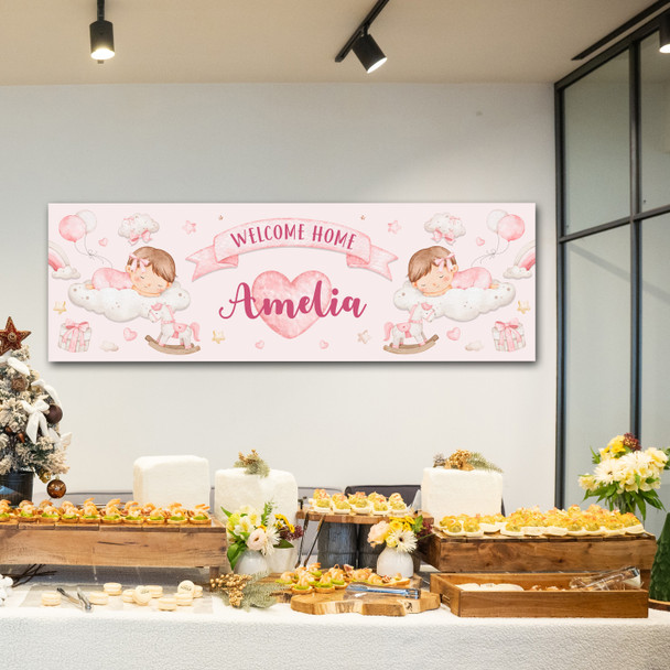 Personalised Party Banner For New Baby Girl Welcome Home Sleeping Baby Pink
