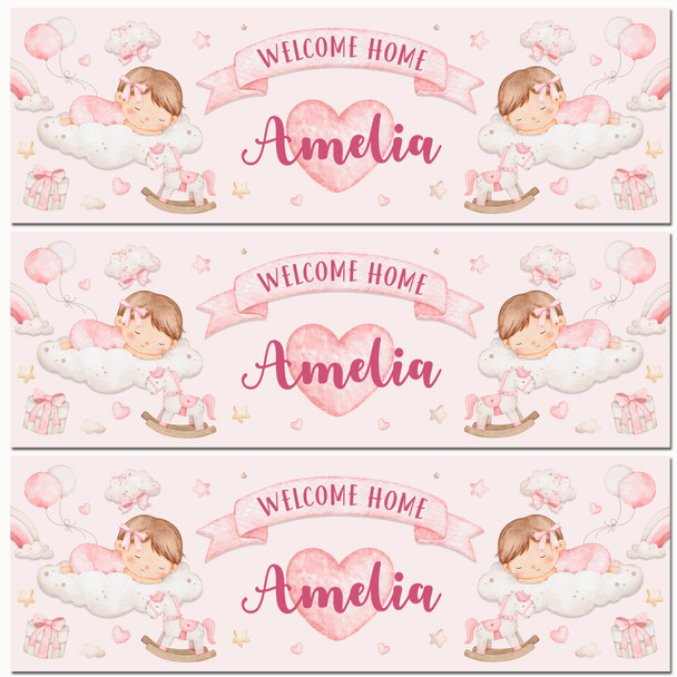 Personalised Party Banner For New Baby Girl Welcome Home Sleeping Baby Pink
