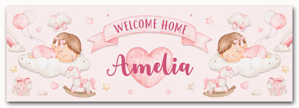 Personalised Party Banner For New Baby Girl Welcome Home Sleeping Baby Pink