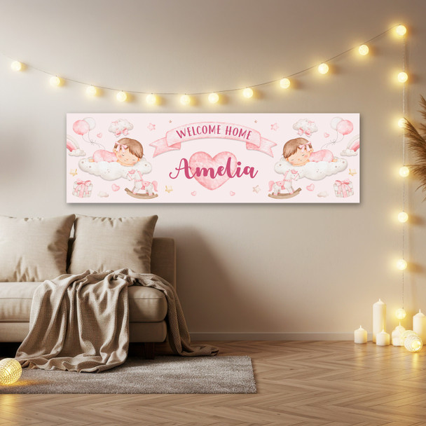 Personalised Party Banner For New Baby Girl Welcome Home Sleeping Baby Pink
