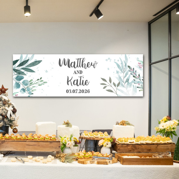 Personalised Party Banner For Wedding Day Foliage Green Leaves Silver