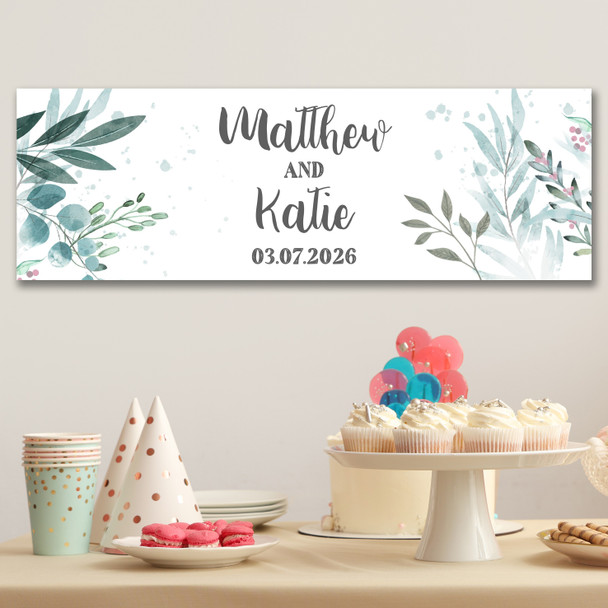 Personalised Party Banner For Wedding Day Foliage Green Leaves Silver