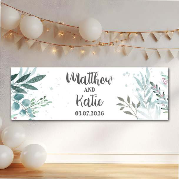 Personalised Party Banner For Wedding Day Foliage Green Leaves Silver