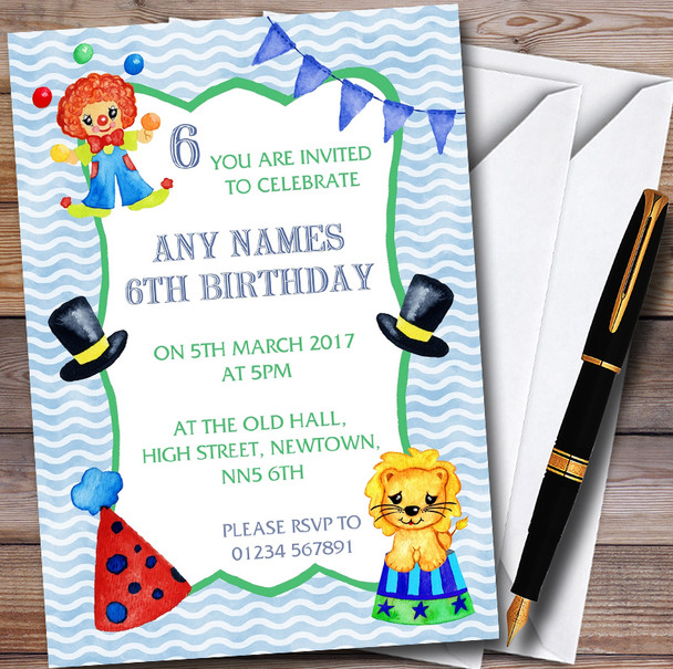 Watercolour Boys Circus Personalised Childrens Birthday Party Invitations