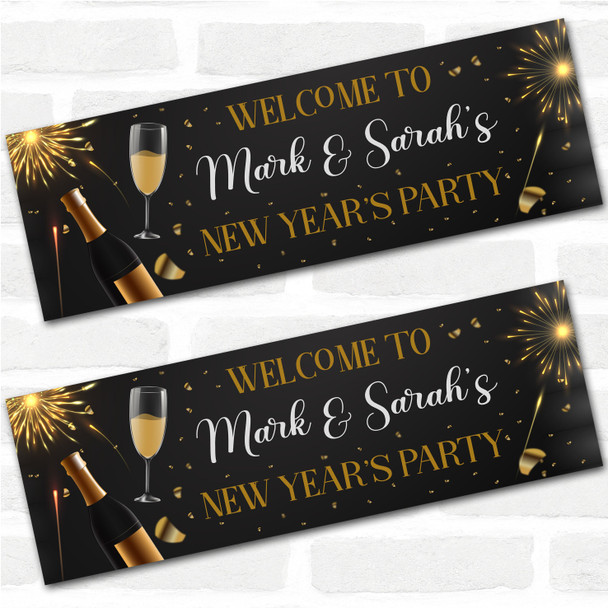 Personalised Party Banner For New Year Party Welcome Champagne Drink Black Gold