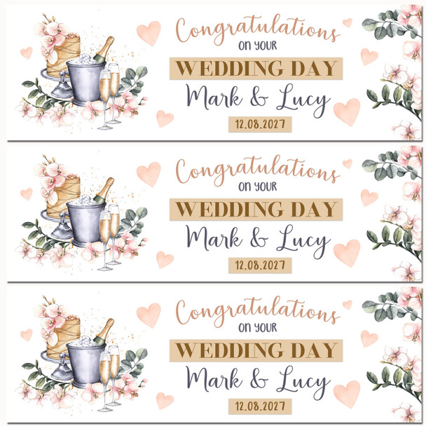 Personalised Party Banner For Wedding Day Congratulations Champagne Cake Hearts