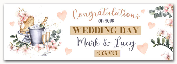 Personalised Party Banner For Wedding Day Congratulations Champagne Cake Hearts