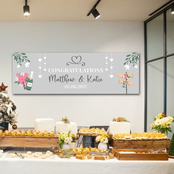 Personalised Party Banner For Wedding Day Congratulations Heart Silver Champagne