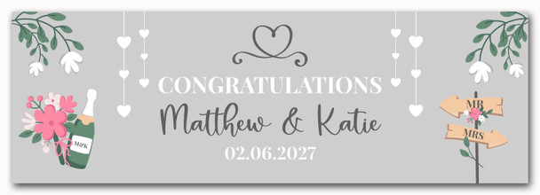 Personalised Party Banner For Wedding Day Congratulations Heart Silver Champagne