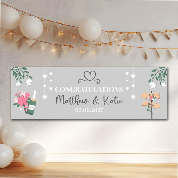 Personalised Party Banner For Wedding Day Congratulations Heart Silver Champagne