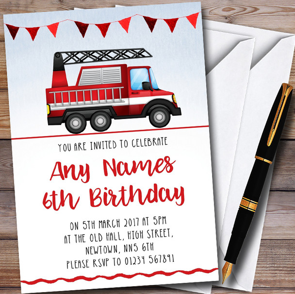 Watercolour Fire Engine Personalised Childrens Birthday Party Invitations