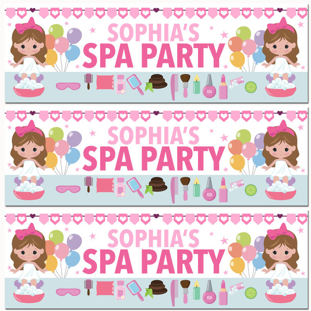 Personalised Party Banner For Kids Birthday Brown Hair Cute Girl Spa Party