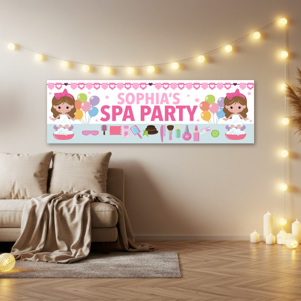 Personalised Party Banner For Kids Birthday Brown Hair Cute Girl Spa Party