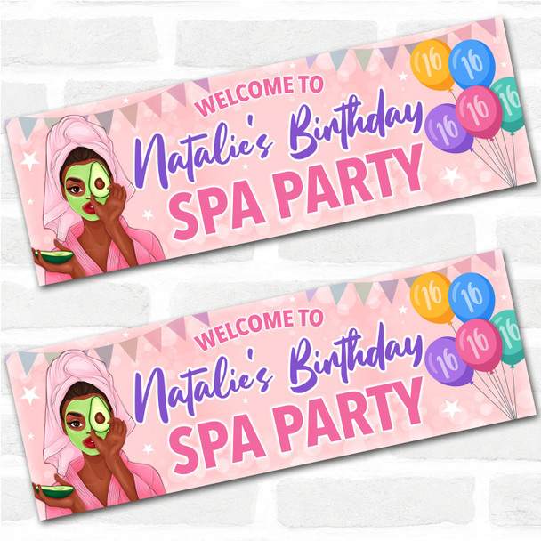 Personalised Party Banner For Kids Birthday Dark Skin Girl Spa Pamper Party