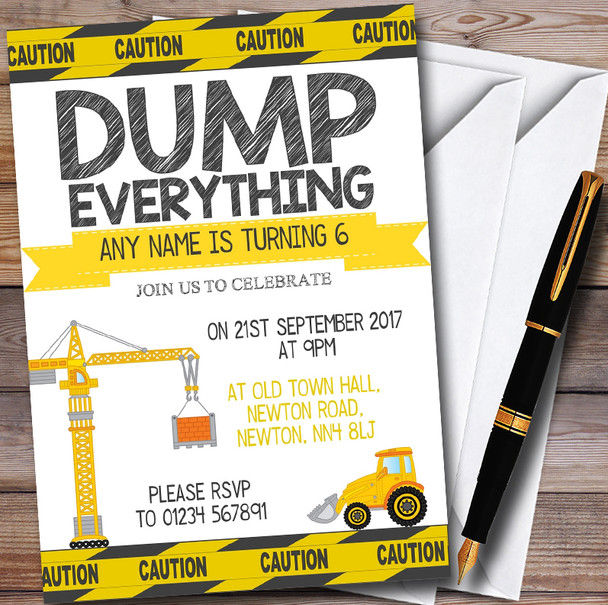 Dump Everything Digger Construction Childrens Birthday Party Invitations