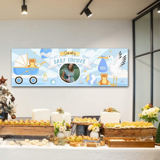 Personalised Party Banner For Baby Shower Photo Boy Stork Pram Blue