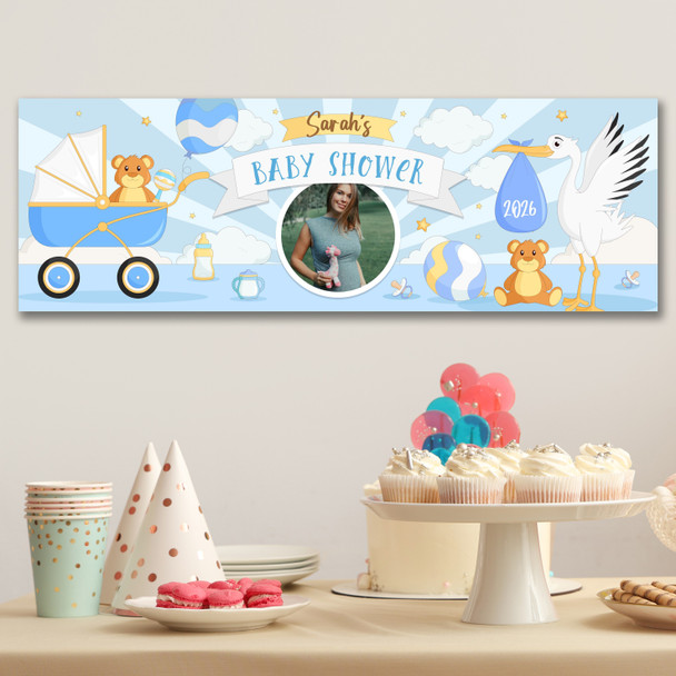 Personalised Party Banner For Baby Shower Photo Boy Stork Pram Blue