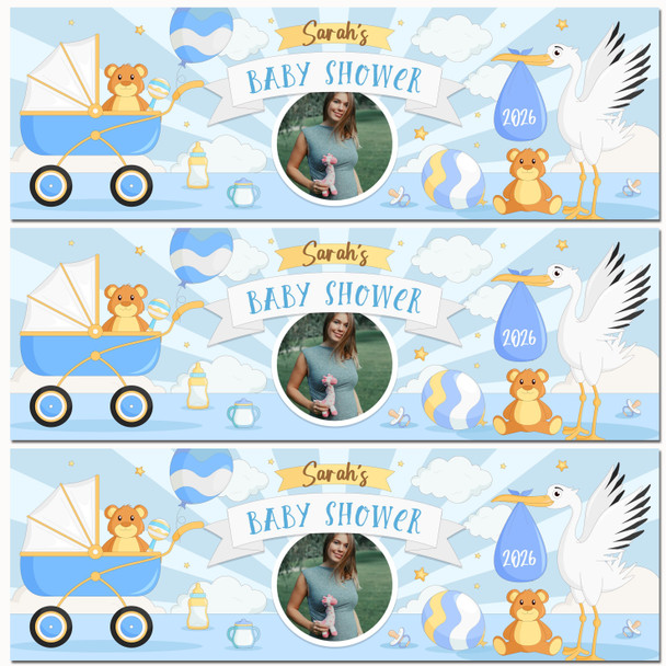 Personalised Party Banner For Baby Shower Photo Boy Stork Pram Blue