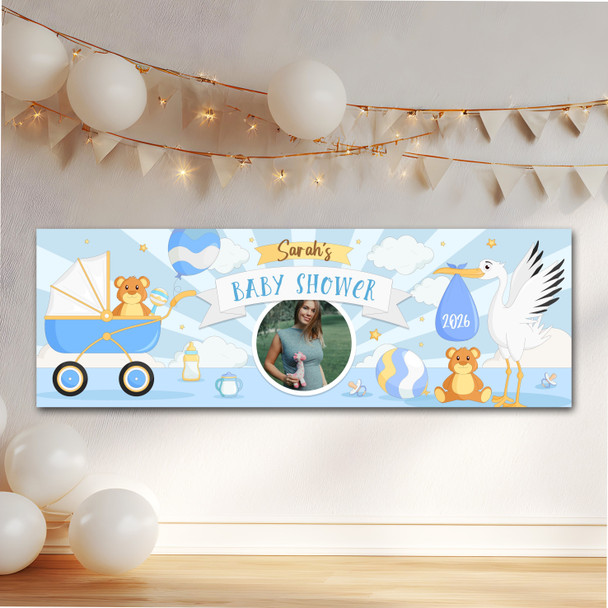 Personalised Party Banner For Baby Shower Photo Boy Stork Pram Blue