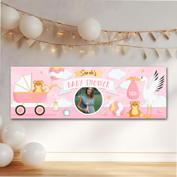 Personalised Party Banner For Baby Shower Photo Girl Stork Pram Pink