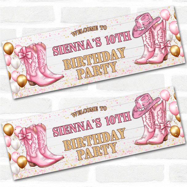 Personalised Party Banner For Kids Birthday Girls Pink Cowboy Boots