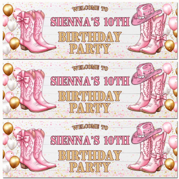 Personalised Party Banner For Kids Birthday Girls Pink Cowboy Boots
