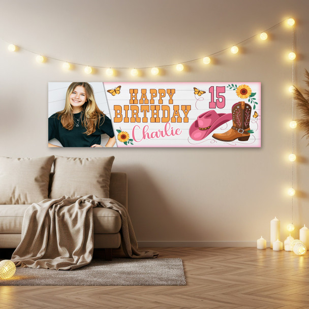 Personalised Party Banner For Kids Birthday Girls Pink Cowboy Boots Photo