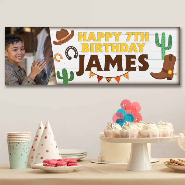 Personalised Party Banner For Kids Birthday Photo Western Boots Hat