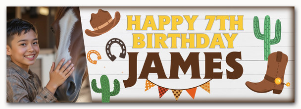 Personalised Party Banner For Kids Birthday Photo Western Boots Hat