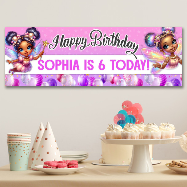 Personalised Party Banner For Kids Birthday Girls Dark Skin Fairy