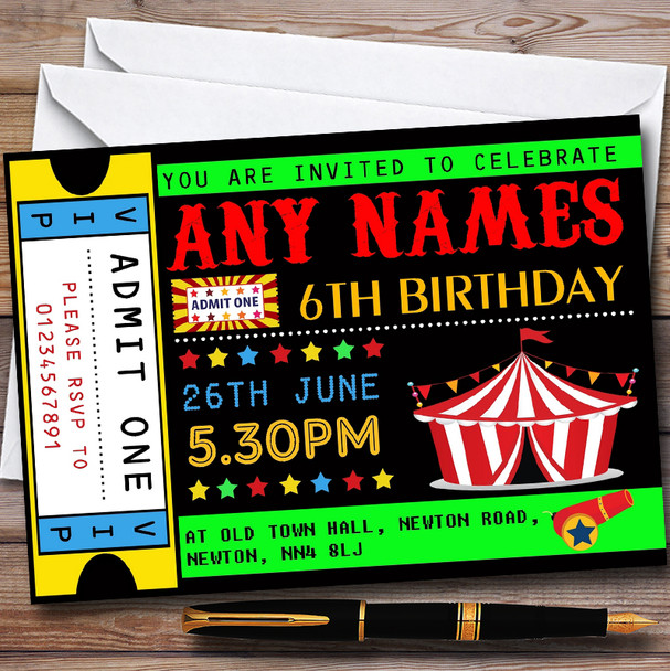 Circus Carnival Ticket Personalised Childrens Birthday Party Invitations