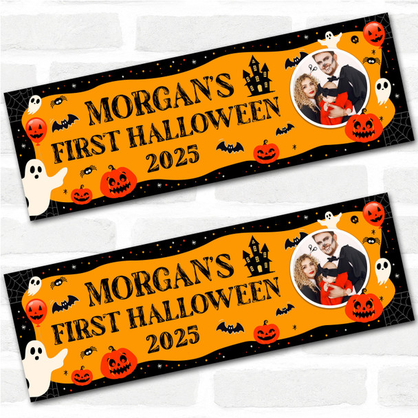 Personalised Party Banner For Halloween First Photo Orange Ghost Pumpkin