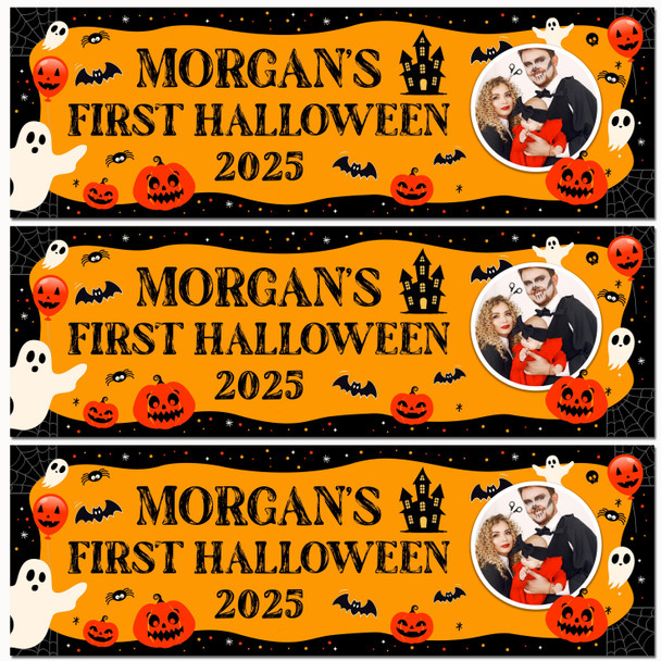 Personalised Party Banner For Halloween First Photo Orange Ghost Pumpkin