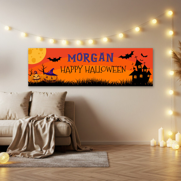 Personalised Party Banner For Halloween House Pumpkin Bat Orange