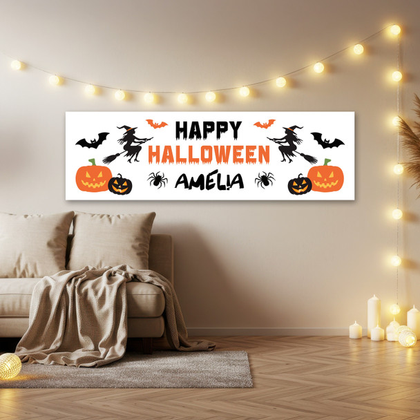 Personalised Party Banner For Halloween Witch Pumpkin Orange Black White