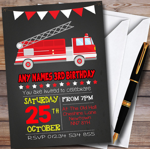 Fire Truck Chalk Style Personalised Childrens Birthday Party Invitations
