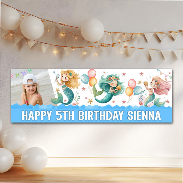 Personalised Party Banner For Kids Birthday Watercolour Mermaids Photo