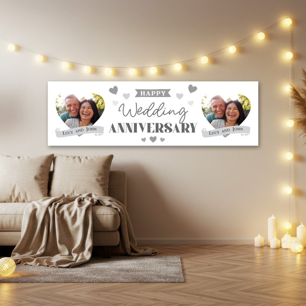Personalised Party Banner For Wedding Anniversary Photo Hearts Silver