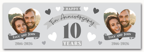 Personalised Party Banner For 10th Wedding Anniversary Tin 10 Years Photo Hearts