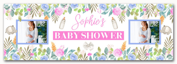 Personalised Party Banner For Baby Shower Photo Pink Blue Flowers