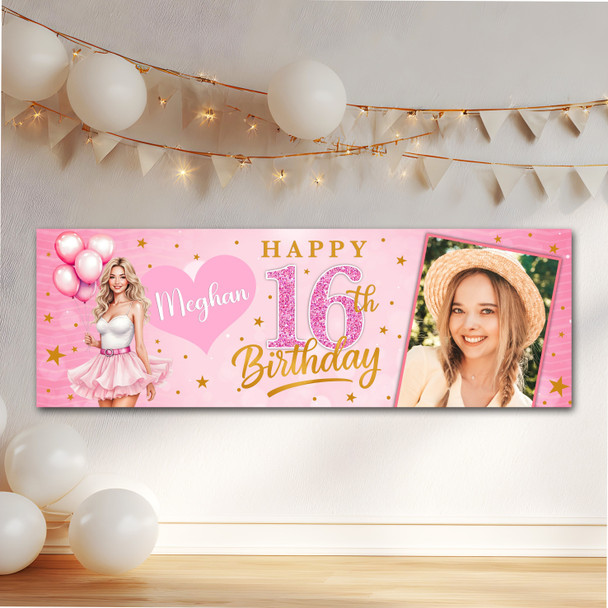 Personalised Party Banner For Kids Birthday Pink Blond Girl Balloons Photo