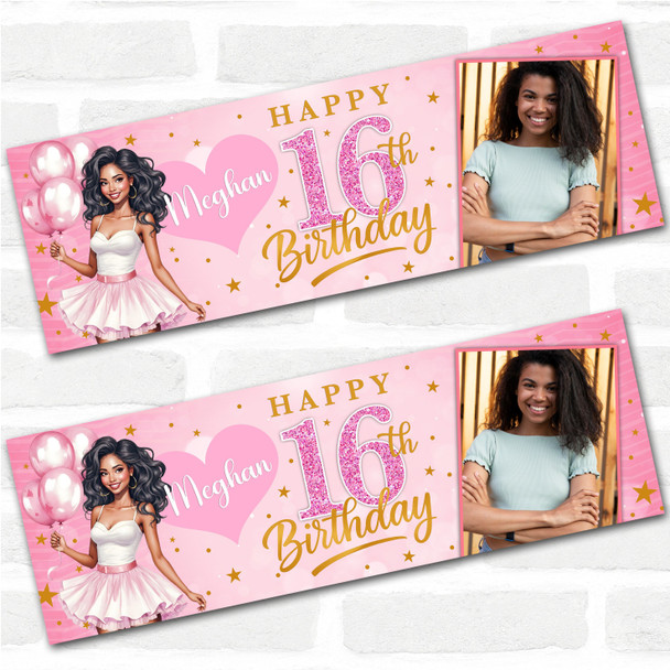 Personalised Party Banner For Kids Birthday Pink Dark Skin Girl Balloons Photo