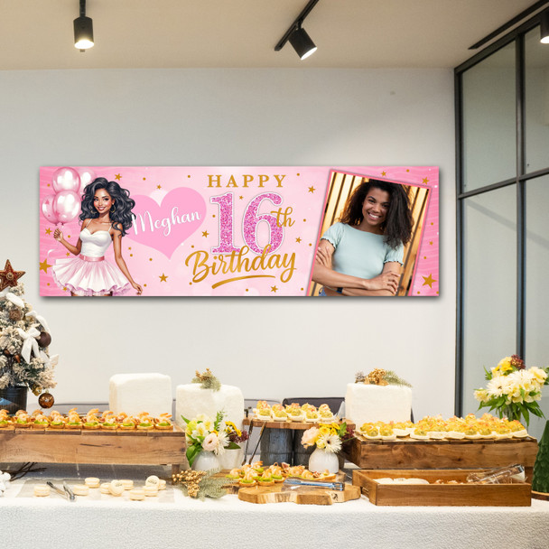 Personalised Party Banner For Kids Birthday Pink Dark Skin Girl Balloons Photo