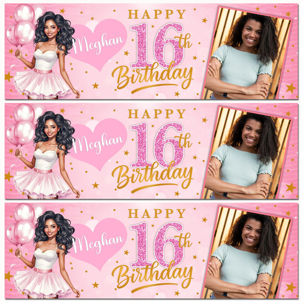 Personalised Party Banner For Kids Birthday Pink Dark Skin Girl Balloons Photo