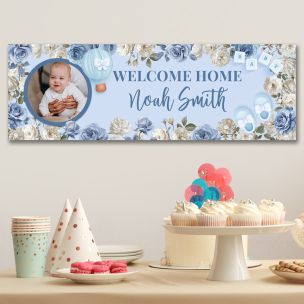 Personalised Party Banner For Christening Boy Photo Blue Flowers Cross